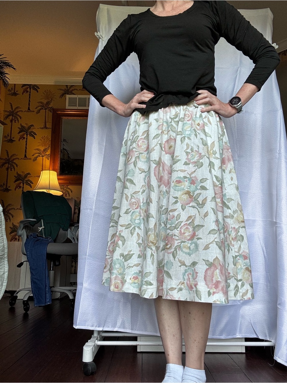Vintage Floral Midi Skirt in Cream with Pink & Green - Women's - Picture 7 of 7